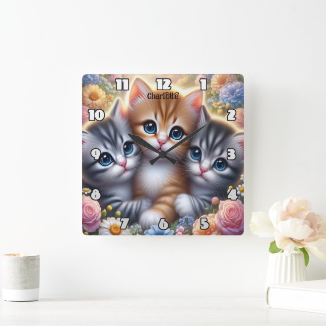 Horloge Carrée Kitten Trio : Cute, Cudley, Cadre Floral (Maison)