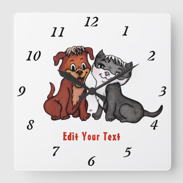Horloge Carrée Kitty et Puppy, Modifier votre texte (Recto)