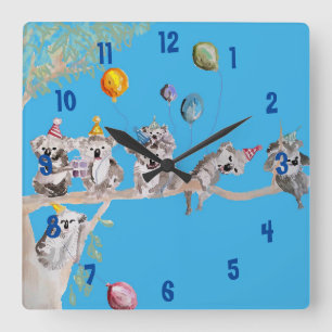 Horloge Carrée Koala Watercolor art Blue Childs Nursery Clock