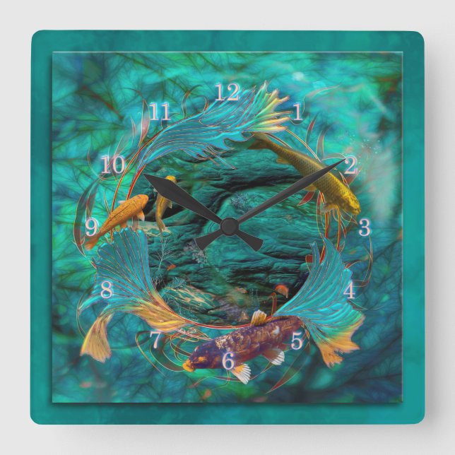 Horloge Carrée Koi Fish NAGER EN PAIX (Recto)