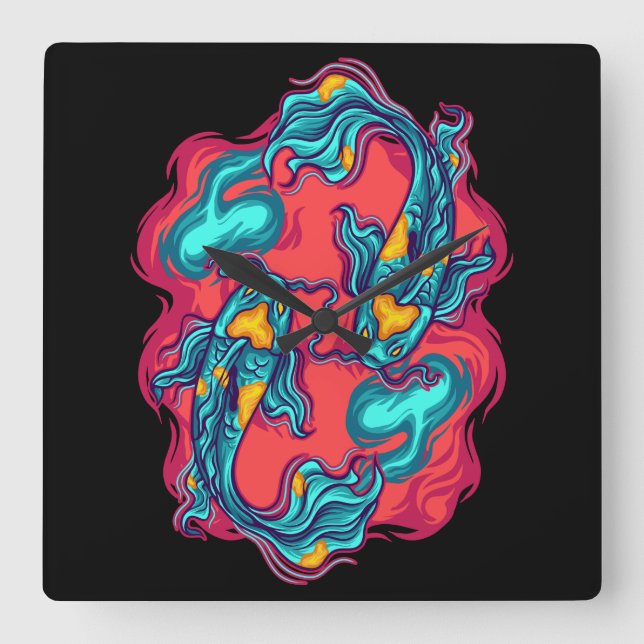 Horloge Carrée Koi Fish Yin Yang (Recto)