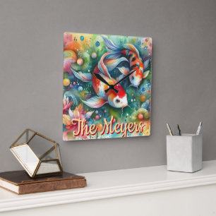 Horloge Carrée Koi Poisson Whimsical Aquarelle Orange Personnalis