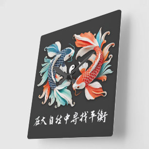 Horloge Carrée Koi Rouge et Bleu Prospérité Yin Yang
