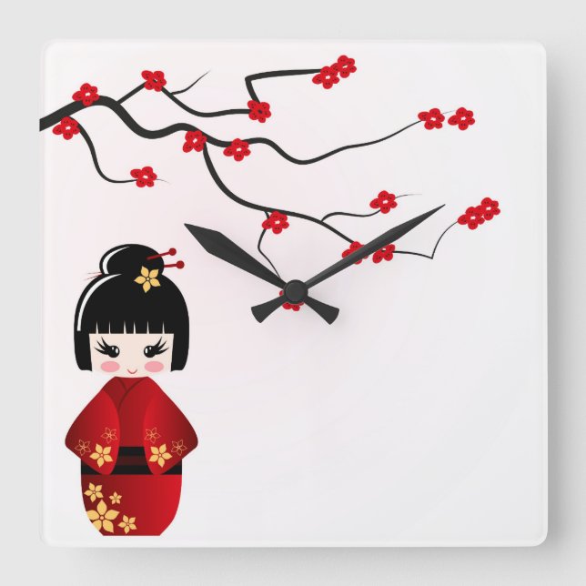 Horloge Carrée Kokeshi doll under sakura branch wall clock (Recto)