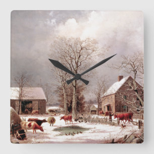 Horloge Carrée La ferme d'hiver de neige effraye l'horloge murale