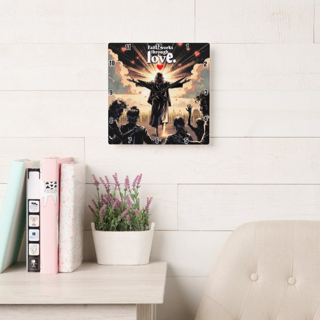 Horloge Carrée La foi fonctionne par l'amour. Galates 5:6 (Salle de lecture)
