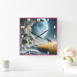 Horloge Carrée La Girafe broute sous la lune en Afrique