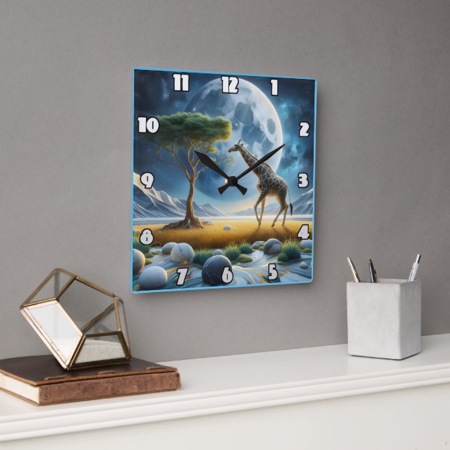 Horloge Carrée La girafe majestueuse errant sous le ciel clair de (Bureau)