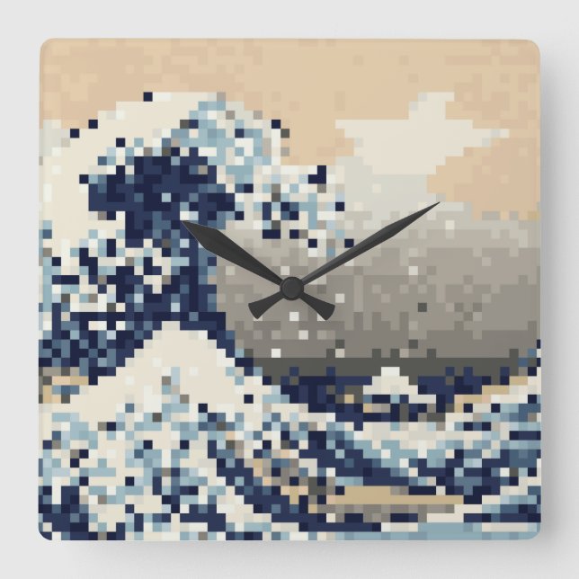 Horloge Carrée La Grande Vague de l'art Pixel Kanagawa 8 bits (Recto)