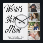 Horloge Carrée La Meilleure Maman Mother's Day Photo Collage Squa<br><div class="desc">Surprise-mère, Mother's Day, with a beautiful photo wall clock. The clock says 'World's Best Mama' and has a space for four Family. The bottom of the clock says 'Joyeux anniversaire' along with the year and the names of the children. C'est le poison que maman veut pour les années à venir....</div>