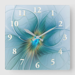 Horloge Carrée La petite Beauté Moderne Bleu Or Fractal Flower