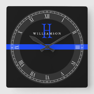 Horloge Carrée La police amincit le monogramme de coutume de Blue