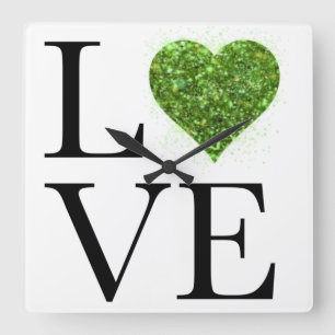 Horloge Carrée la Saint-Patrick Amour cœur vert scintillant