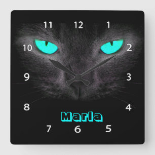 Horloge Carrée La turquoise de visage de chat noir observe