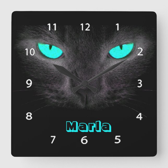 Horloge Carrée La turquoise de visage de chat noir observe (Recto)