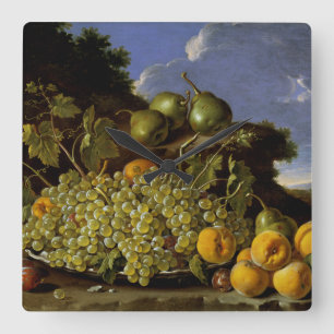 Horloge Carrée La vie toujours avec le plat des raisins, pêches,