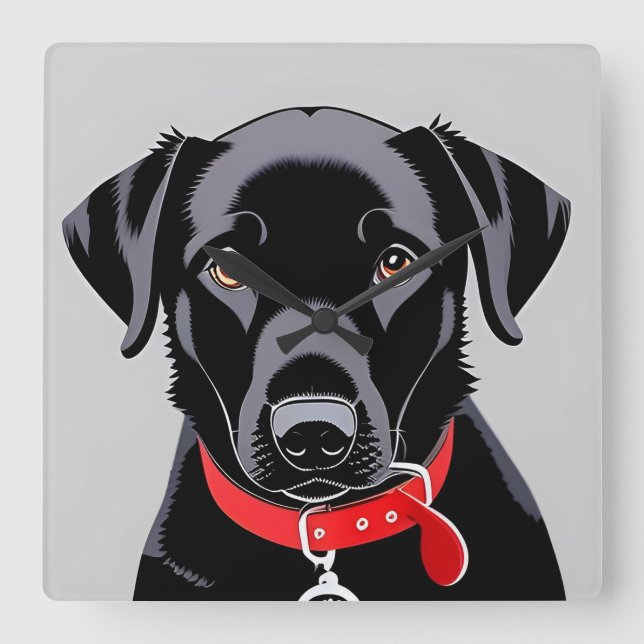 Horloge Carrée Labrador noir avec collier rouge (Recto)