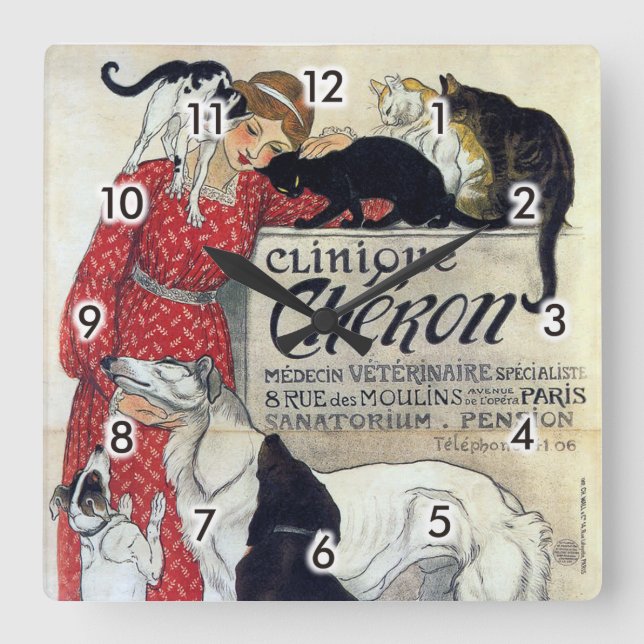 Horloge Carrée Lady, Cats, & Dogs, Alexandre Steinlen (Recto)