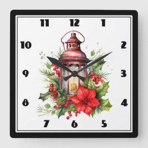 Horloge Carrée Lanterne rouge de Noël Poinsettia et pin