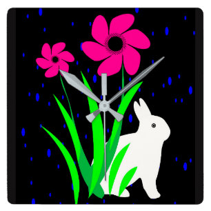 Horloge Carrée Lapin blanc avec l'horloge murale de fleurs par