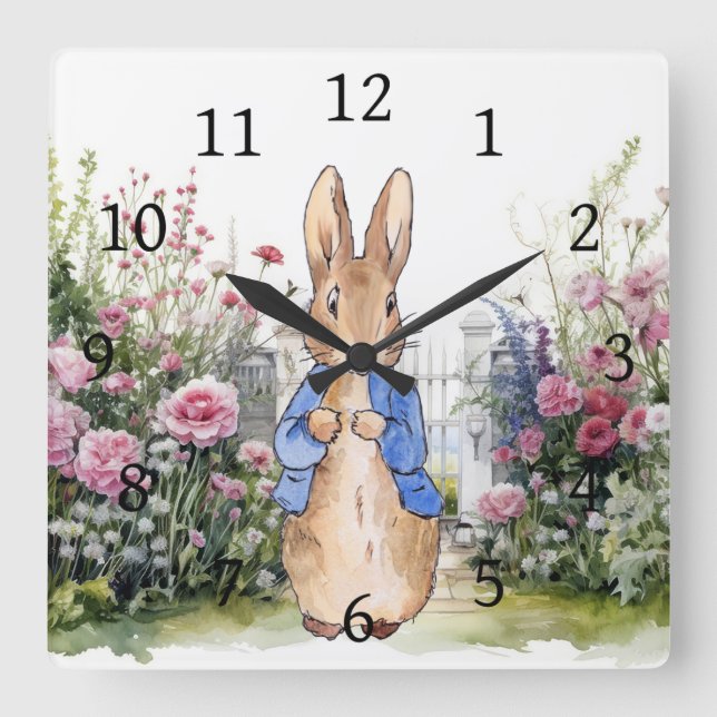 Horloge Carrée Lapin classique dans son jardin (Recto)