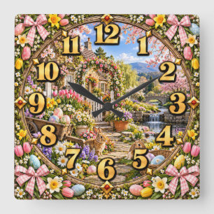 Horloge Carrée Lapin de jardin de cottage de Pâques