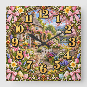 Horloge Carrée Lapin de jardin de Pâques de cottage