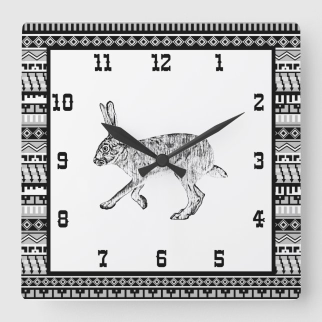 Horloge Carrée Lapin Jackrabbit du Sud-Ouest et motifs géométriqu (Recto)