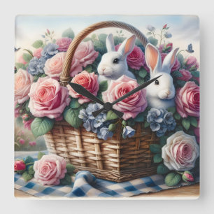 Horloge Carrée Lapins nichés parmi les roses de cottage