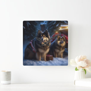 Horloge Carrée Lapphund finlandais Traîneau enneigé Décor de Noël