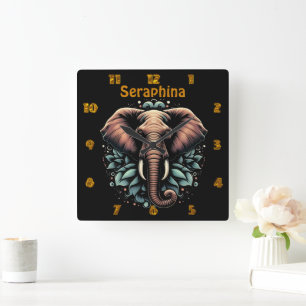 Horloge Carrée L'art de l'éléphant de l'aube fleuri lance l'oreil