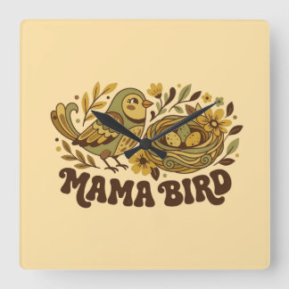 Horloge Carrée L'art rétro de Mama Bird – Illustration de la natu
