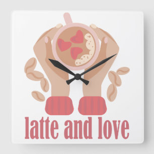 Horloge Carrée Latte et coupe d'amour, mains et citation de café