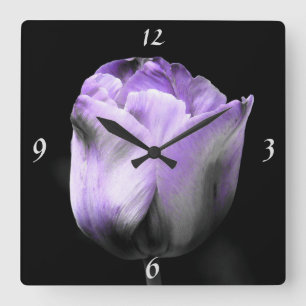 Horloge Carrée Lavande Dramatique Purple N Tulipe Argent Sur Noir