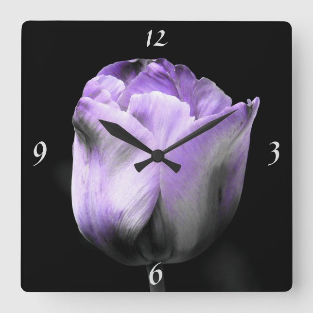 Horloge Carrée Lavande Dramatique Purple N Tulipe Argent Sur Noir (Recto)