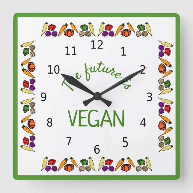 Horloge Carrée L'avenir est VEGAN - légumes - avec des chiffres (Recto)