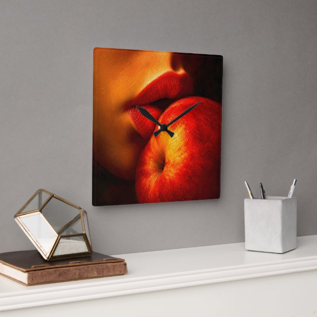 Horloge Carrée Le Baiser de Nectarine – Un Portrait Intime (Bureau)