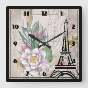 Horloge Carrée Le cru fleurit le dessin de collage et de Tour