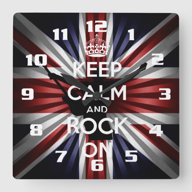 Horloge Carrée Le drapeau britannique et Keep calm and Rock On (Recto)