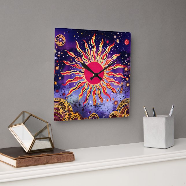 Horloge Carrée "Le feu de la danse du Cosmos" Le Soleil (Bureau)