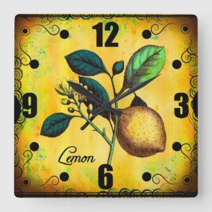 Horloge Carrée Le fruit de citron fleurit le cru de feuille