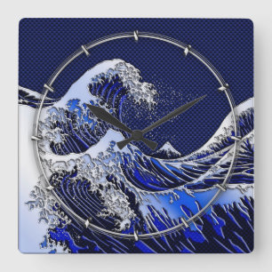 Horloge Carrée Le Grand Hokusai Wave chrome fibre de carbone Déco