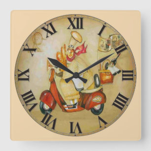 Horloge Carrée Le livreur vintage de pain sur moto