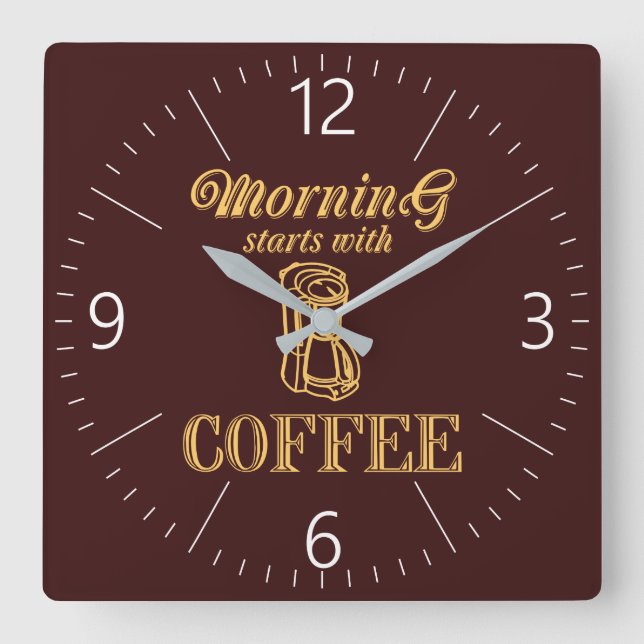 Horloge Carrée Le matin commence avec du café (Recto)