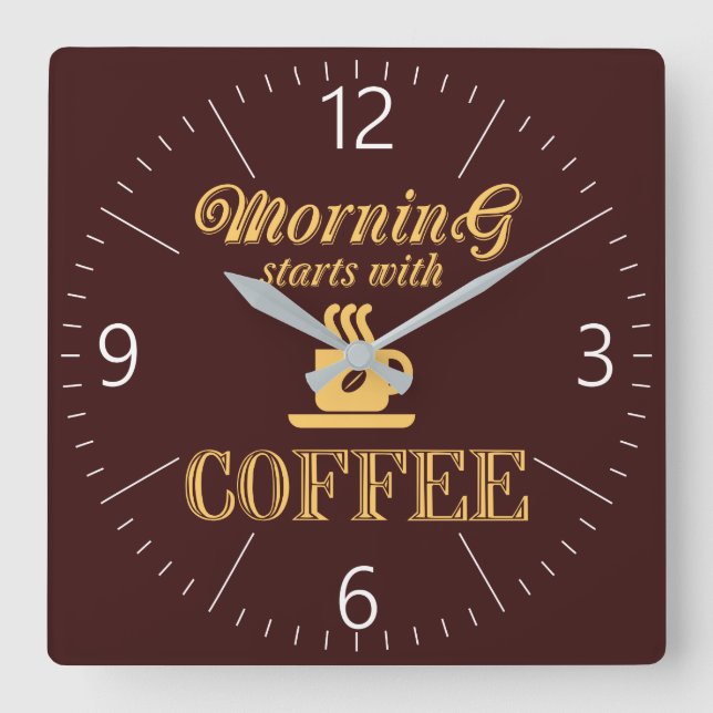 Horloge Carrée Le matin commence avec du café (Recto)