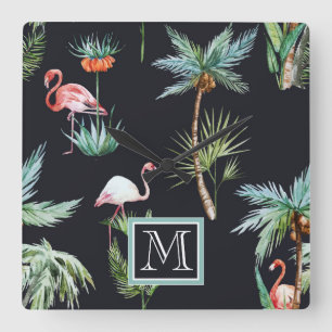 Horloge Carrée Le motif   de paume d'aquarelle ajoutent votre