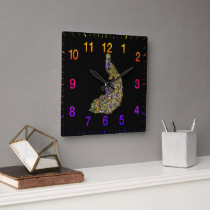 Horloge Carrée Le paon doré et violet brillant
