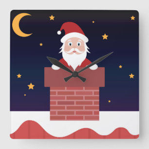 Horloge Carrée Le Père Noël descend la cheminée la nuit de Noël