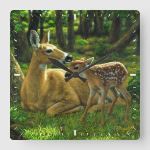 Horloge Carrée Le printemps blanc Fawn et la mère Deer