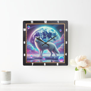 Horloge Carrée Le rêve lunaire du loup